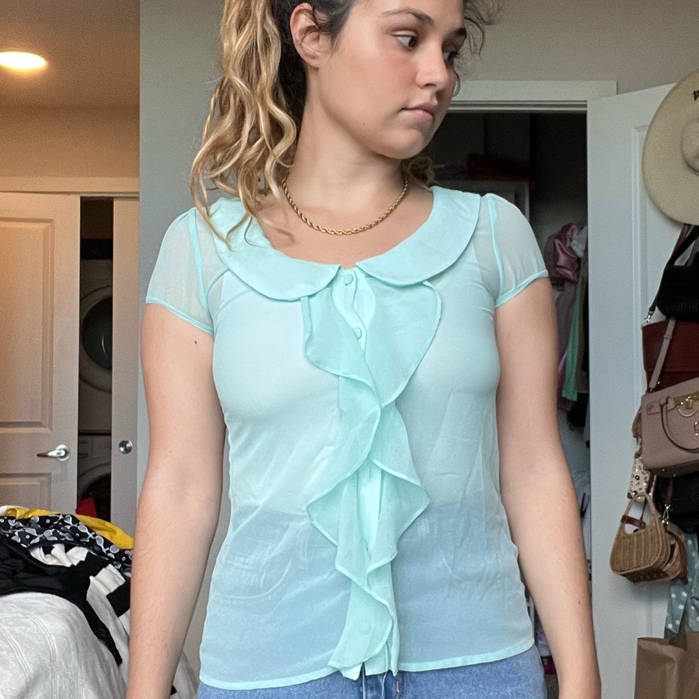 Tiffany blue peter pan collar ruffle blouse